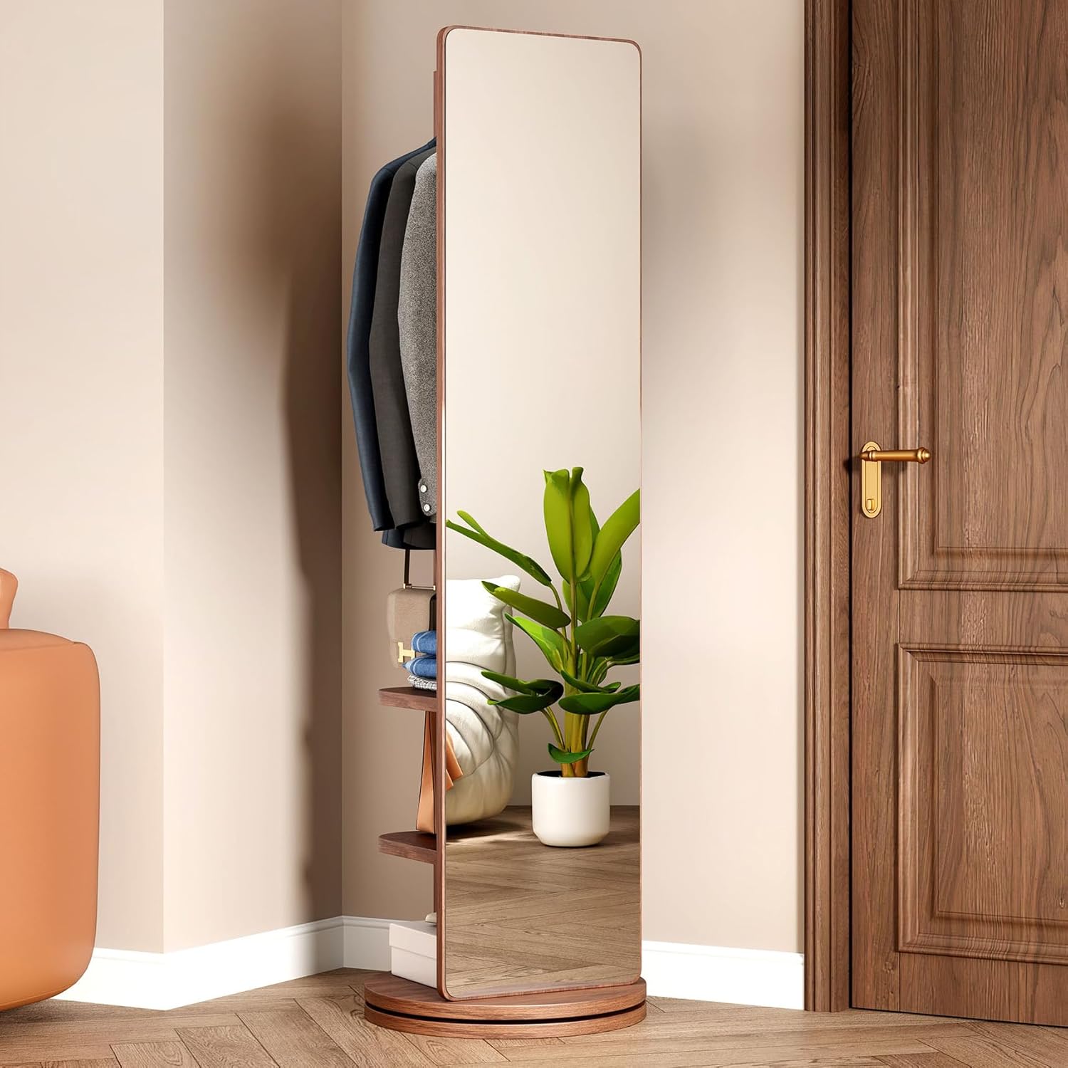 Full-Length Swivel Mirror & Storage Rack, image 1